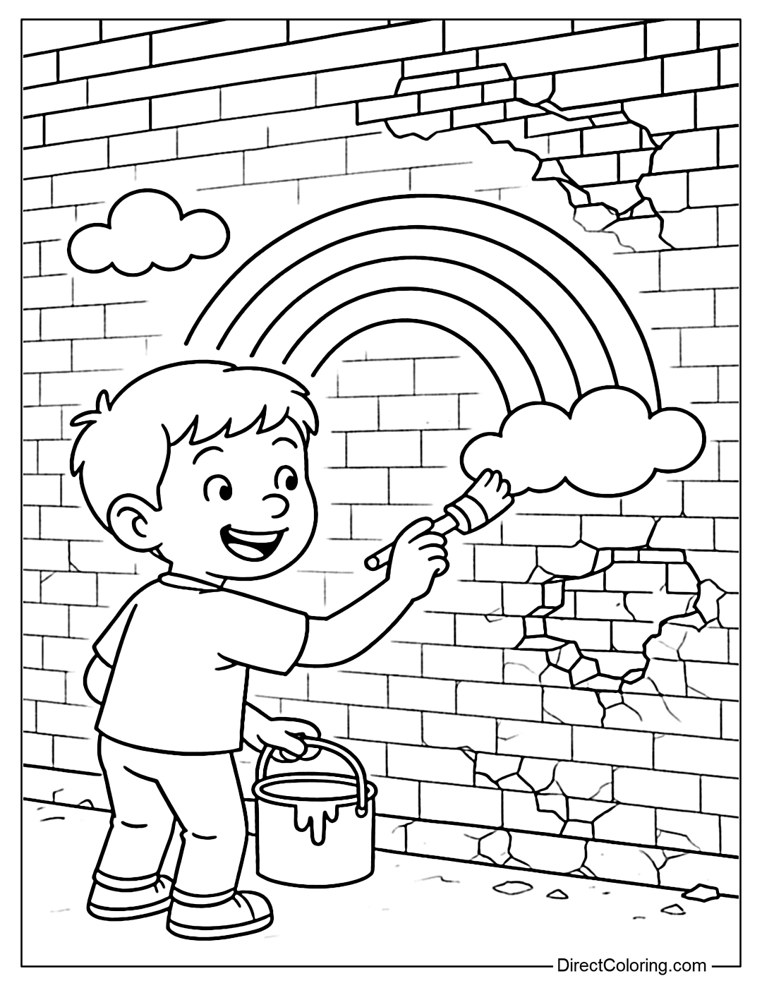 A coloring page of a child drawing a rainbow on a school wall that was demolished.